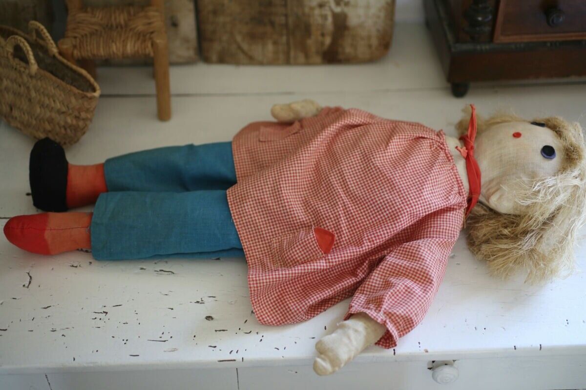 Vintage French RUSTIC handmade COUNTRY GIRL RAG DOLL c1950