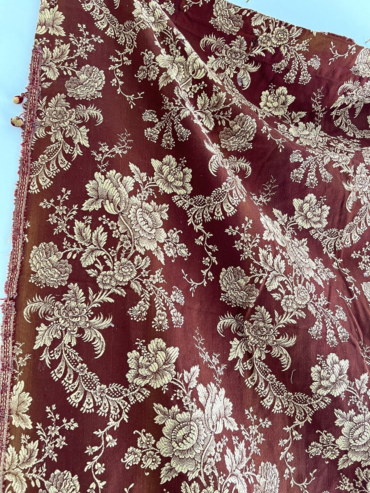 PAIR antique French FLORAL DAMASK RED GOLD cotton panels ROSES c1880