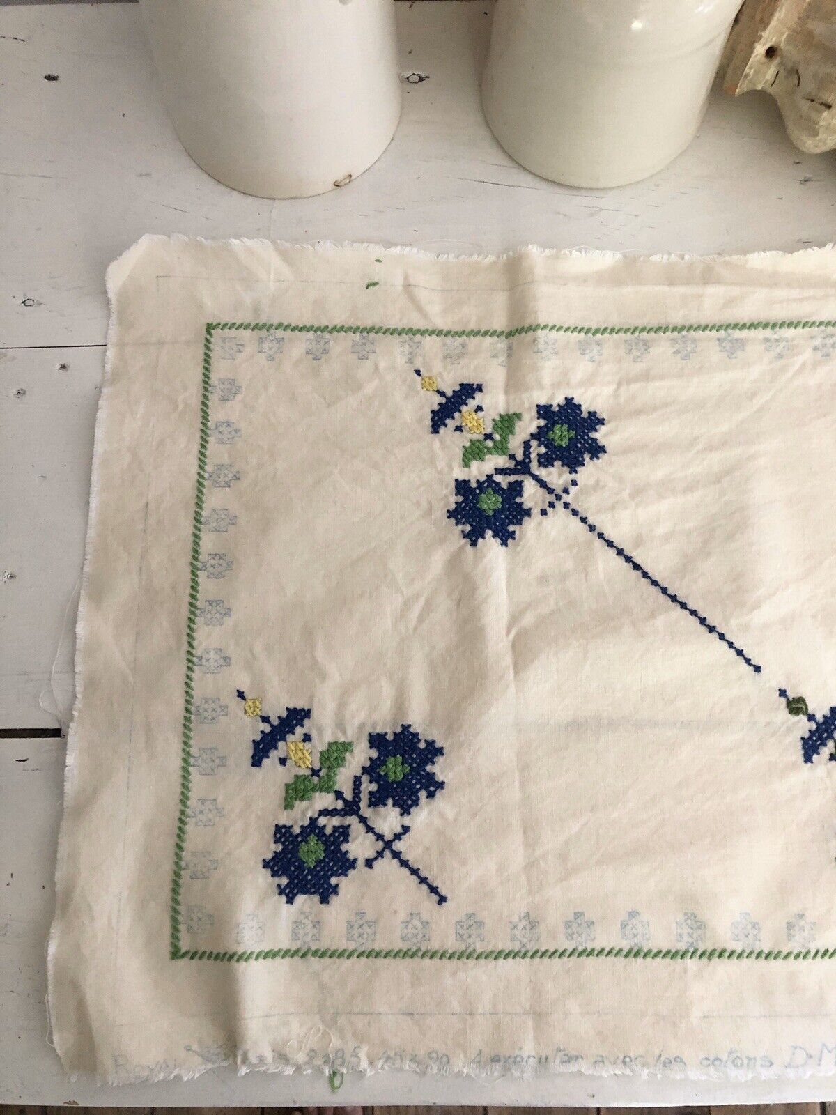 Vintage French unfinished EMBROIDERY ouvrage COTTON panel C1950