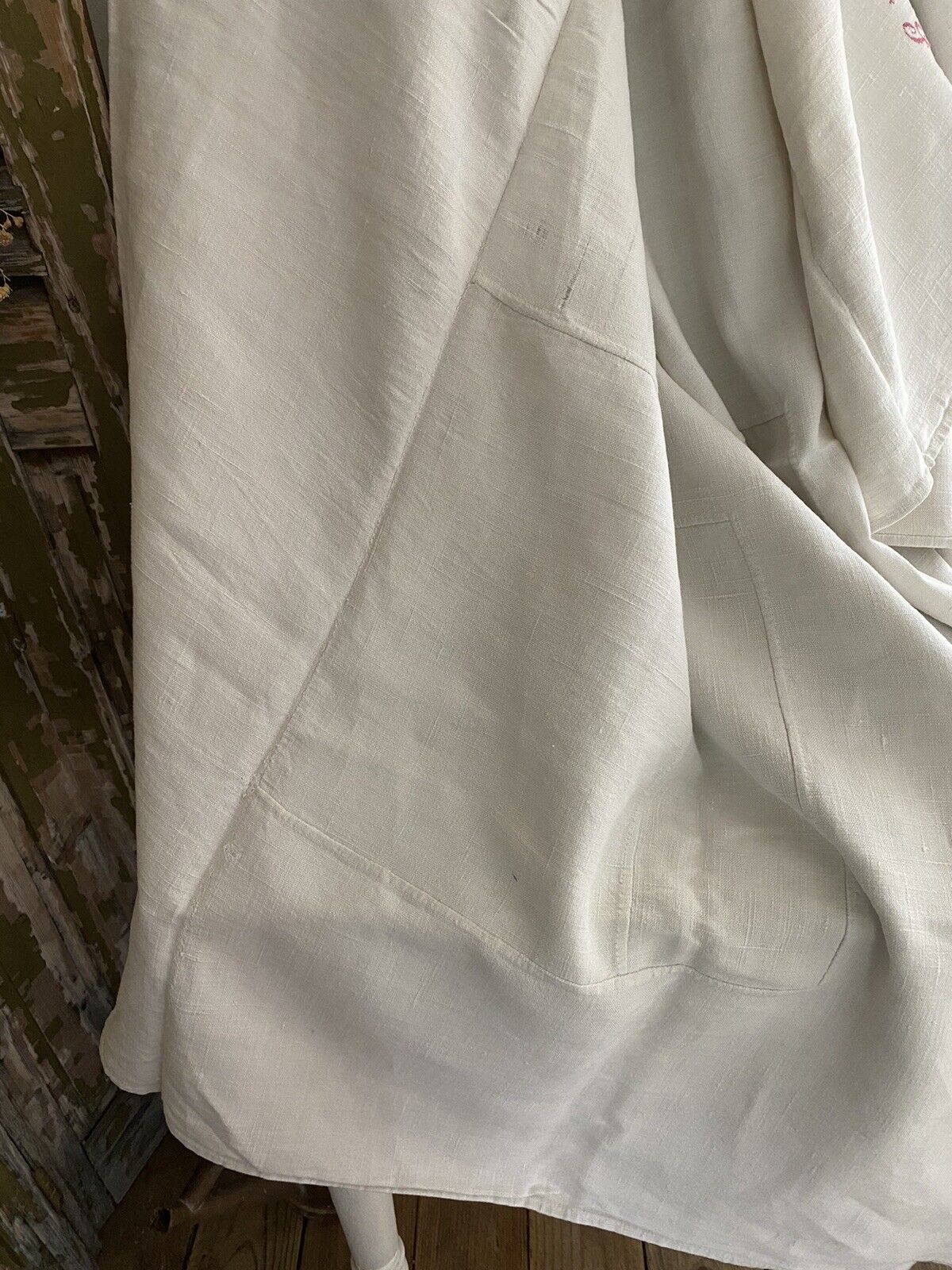 PRIMITIVE large French HOMESPUN LINEN central seam SG mono patched c1830