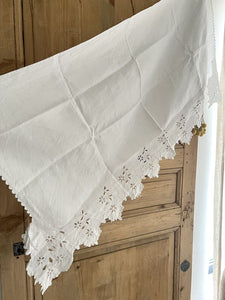 Antique French linen embroidered VALANCE MANTELPIECE FESTONS eyelet c1900