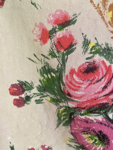 Vintage French FLORAL cotton PANEL large scale ROSES bouquets UPHOLSTERY c1950