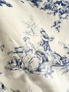 PAIR vintage French blue TOILE DE JOUY cotton PASTORAL CURTAINS BACKED c1950