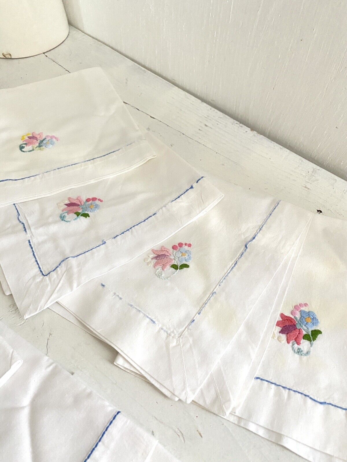 Set 8 vintage French cotton TEA NAPKINS FLORAL embroideries shabby chic c1950