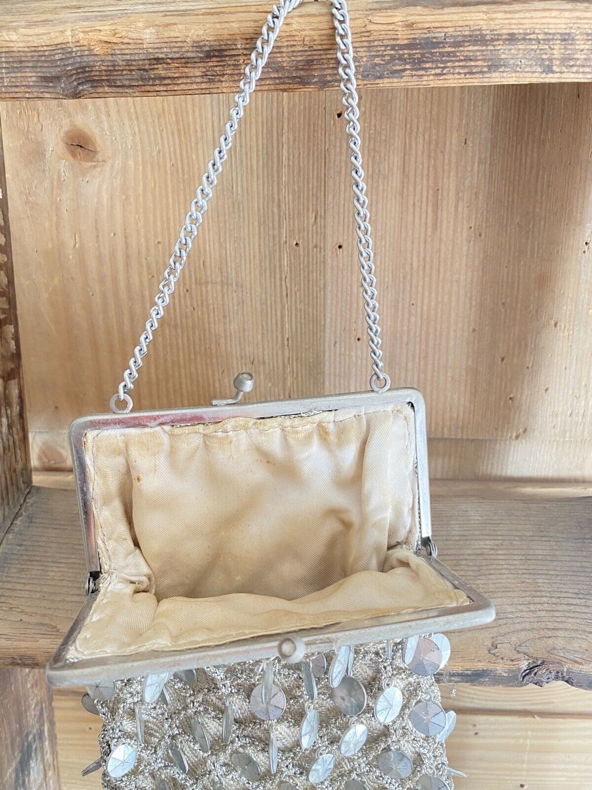 Vintage French EMBROIDERED silver SEQUIN BAG MINAUDIÈRE c1960