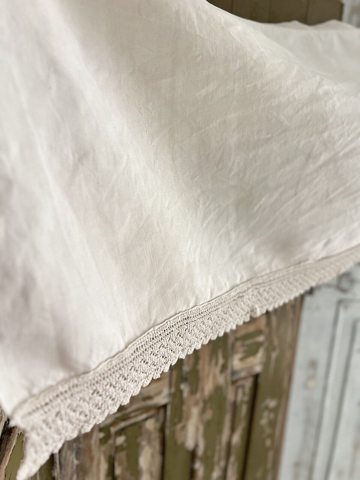 Antique French LONG MANTEL COVER LINEN curtain lace trim c1900