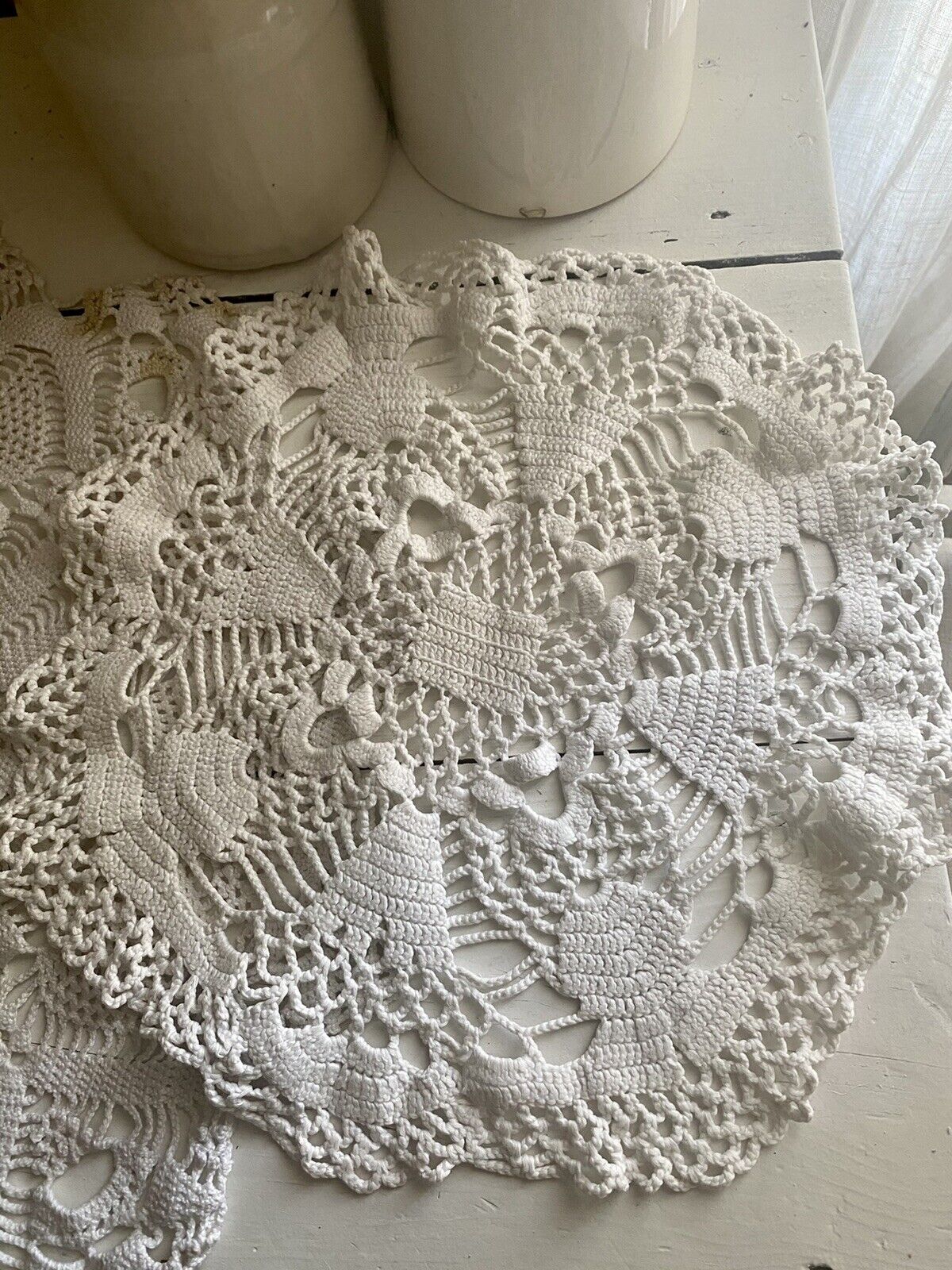 SET 3 round French HEAVY cotton FILET LACE DOILIES mat c1950