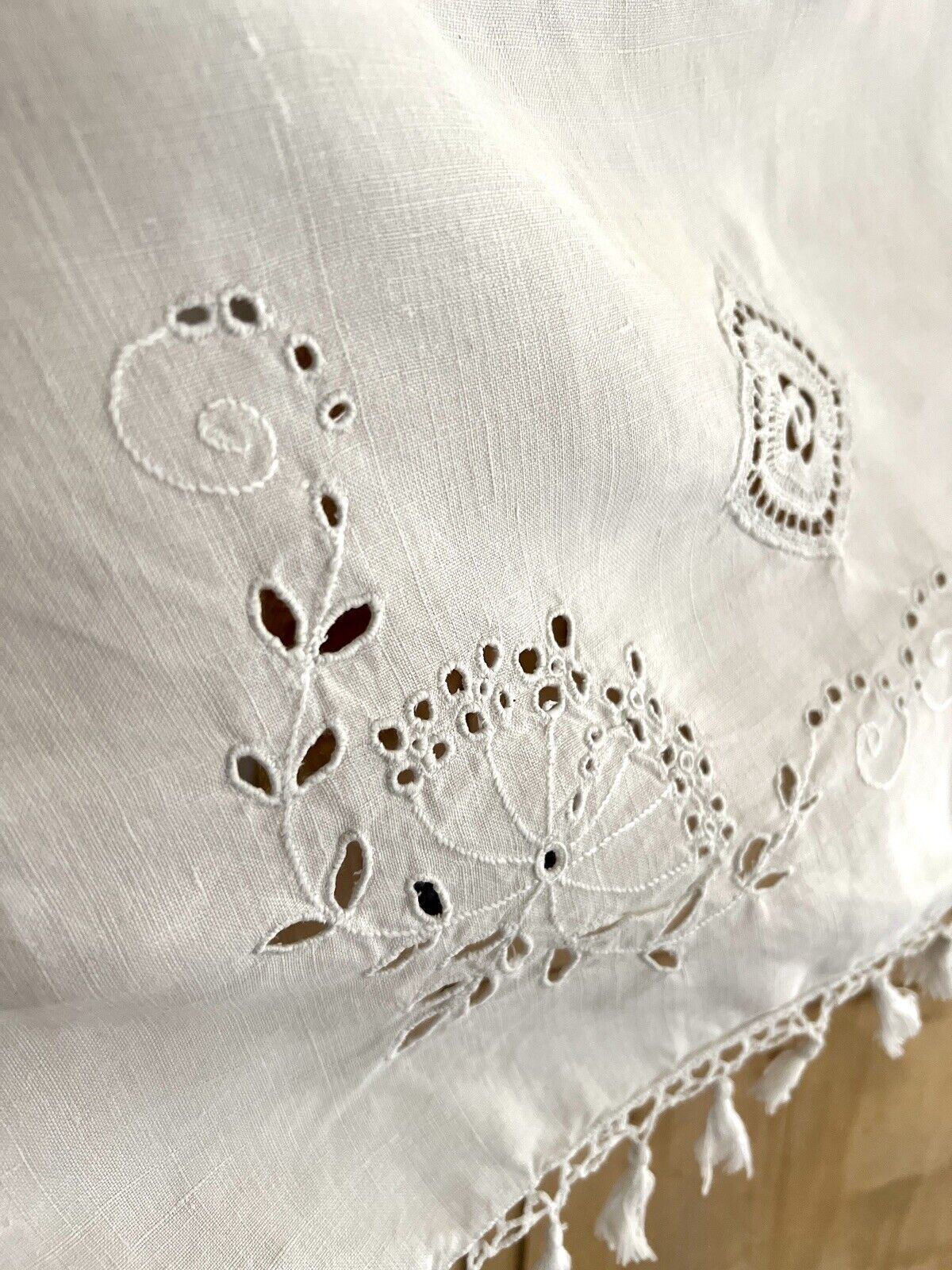 Antique French LONG linen embroidered VALANCE MANTELPIECE eyelet FRINGES c1900