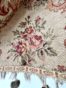 Antique French PAIR floral DAMASK VALANCE braid POMPOMS roses DECOR padded c1850