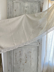 Antique French LONG MANTELPIECE COVER curtain embroidered LINEN lace trim c1900