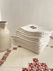 SET EMBROIDERED heavy RUSTIC country LINEN TABLECLOTH 12 NAPKINS c1930