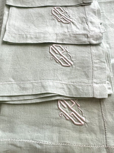 Art Deco SET French FIL OF LINEN TABLECLOTH 11 NAPKINS pale green GP m c1930