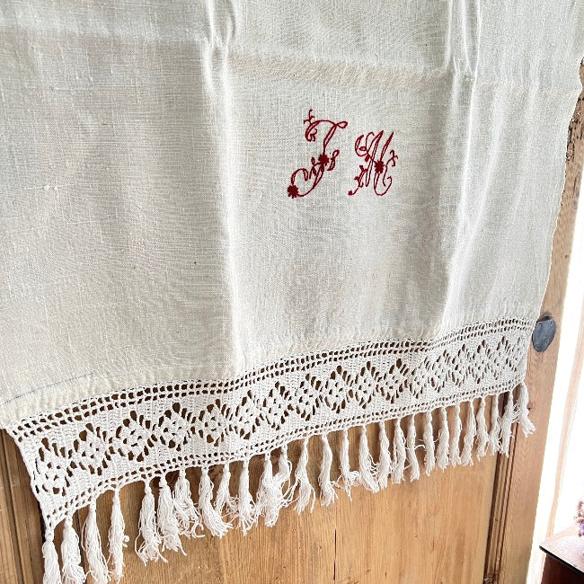 Old linen curtain embroidered monogram FH c1930