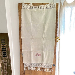 Old linen curtain embroidered monogram FH c1930