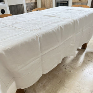 Long antique linen embroidered tablecloth c1920