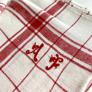 4 linen tea towels monogram AF red battens c1900